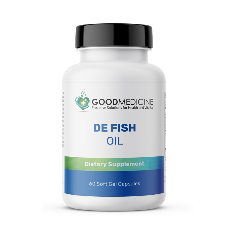 De Fish Oil dietary supplement on a white background
